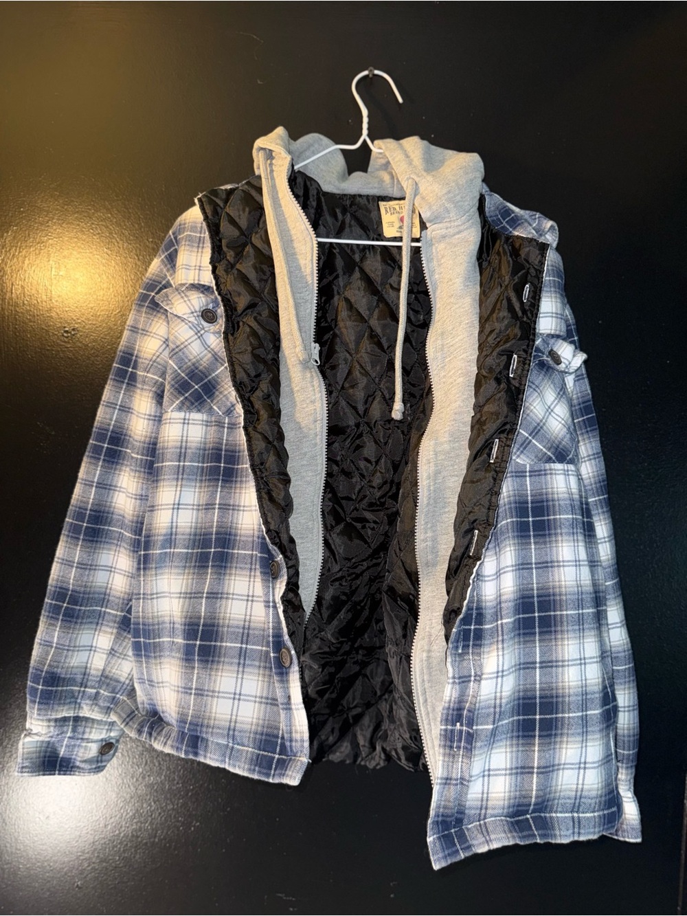 Men's Blue Plaid Hooded Quilted-Liner Puffer Jacket
